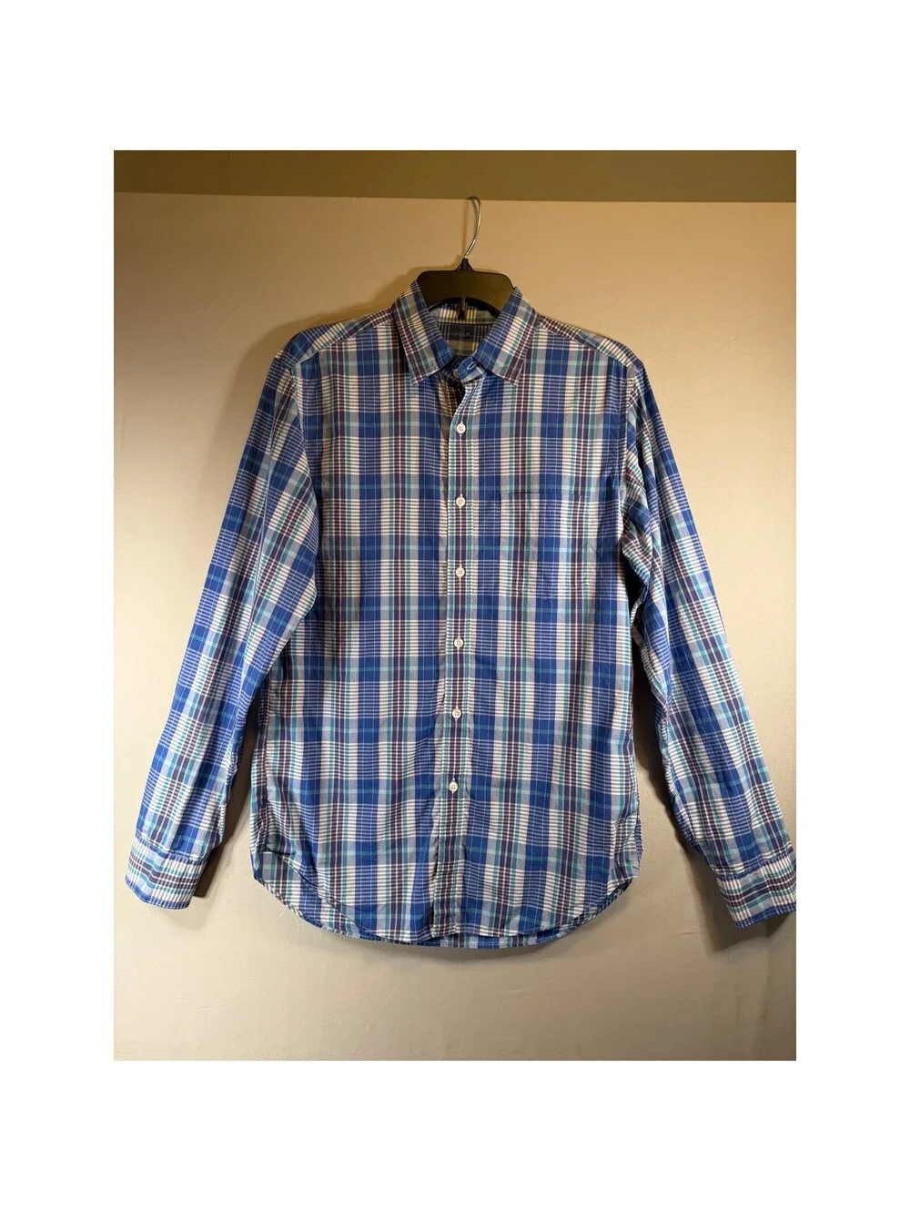 JCrew Mens Lightweight Cotton Plaid Button Down Shirt Blue Teal Purple 79700 S